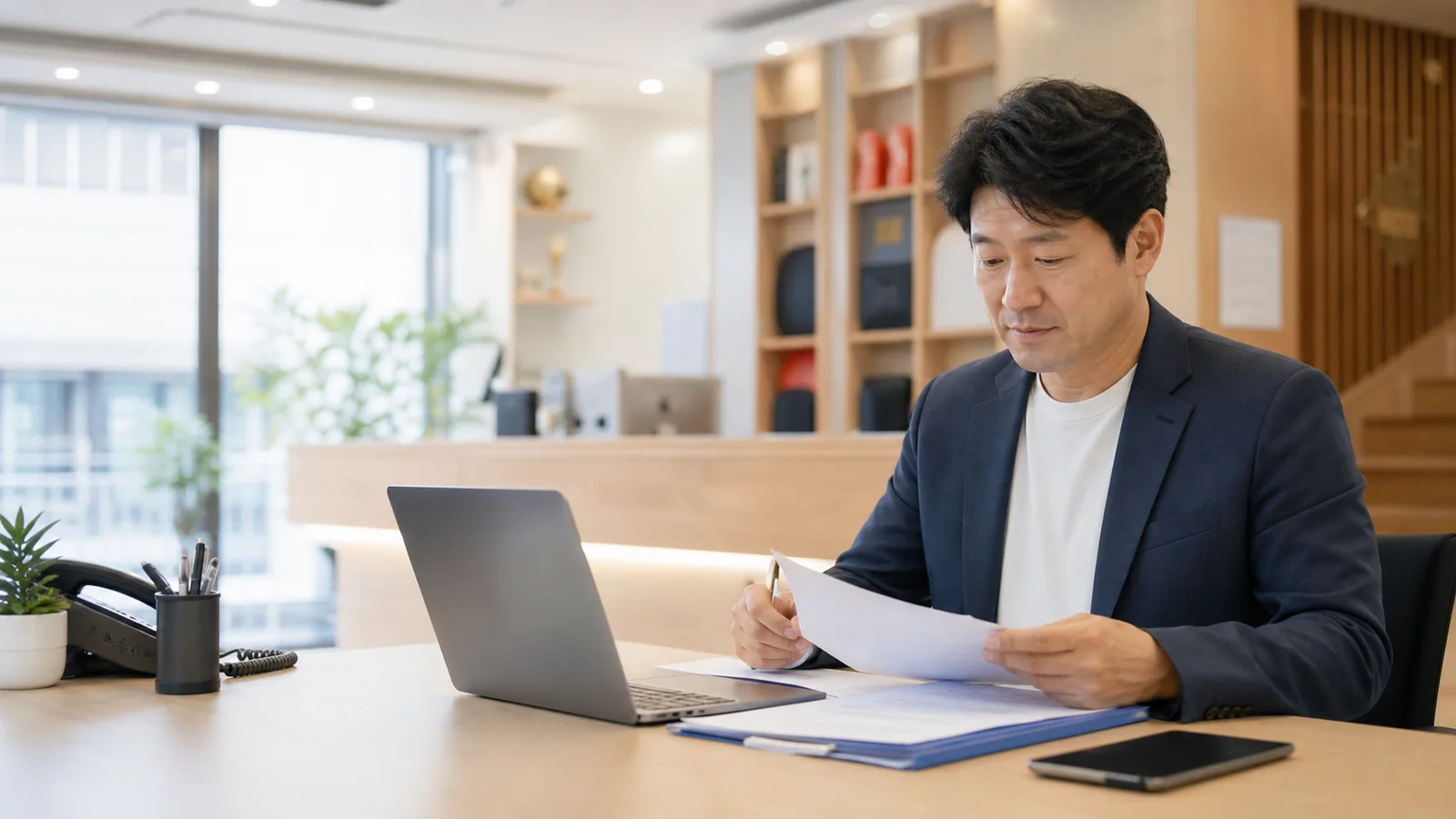 학원 등록 서류와 노트북을 확인하는 원장